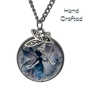 Hand Crafted Blue Black Silver Fairy Pendant Charm Necklace & Earring Set NWT OS